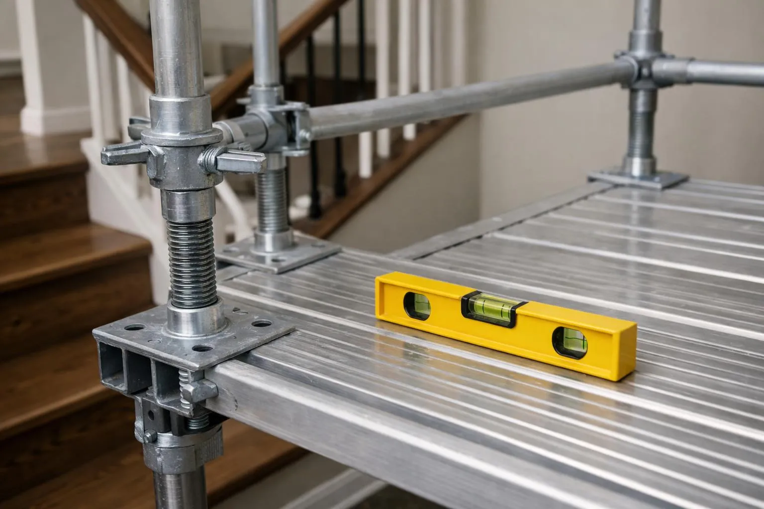 Équipement de construction avec niveau à bulle jaune sur une surface métallique.