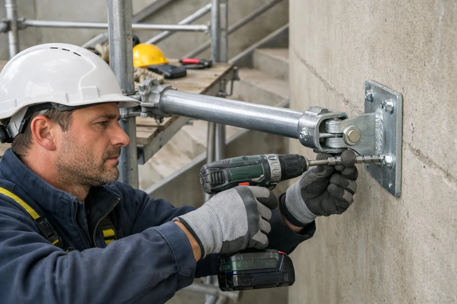 Ouvrier de la construction utilisant une perceuse électrique pour fixer un support mural.