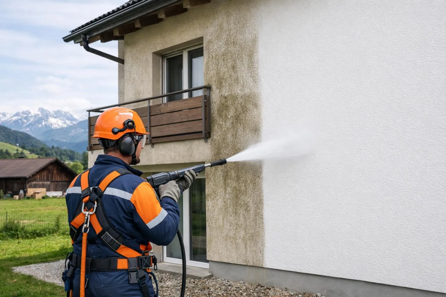 Professional worker pressure washing a residential building facade covered with green moss and dark stains in Swiss setting, showing before-and-after comparison on split wall surface, realistic work site atmosphere with safety equipment visible