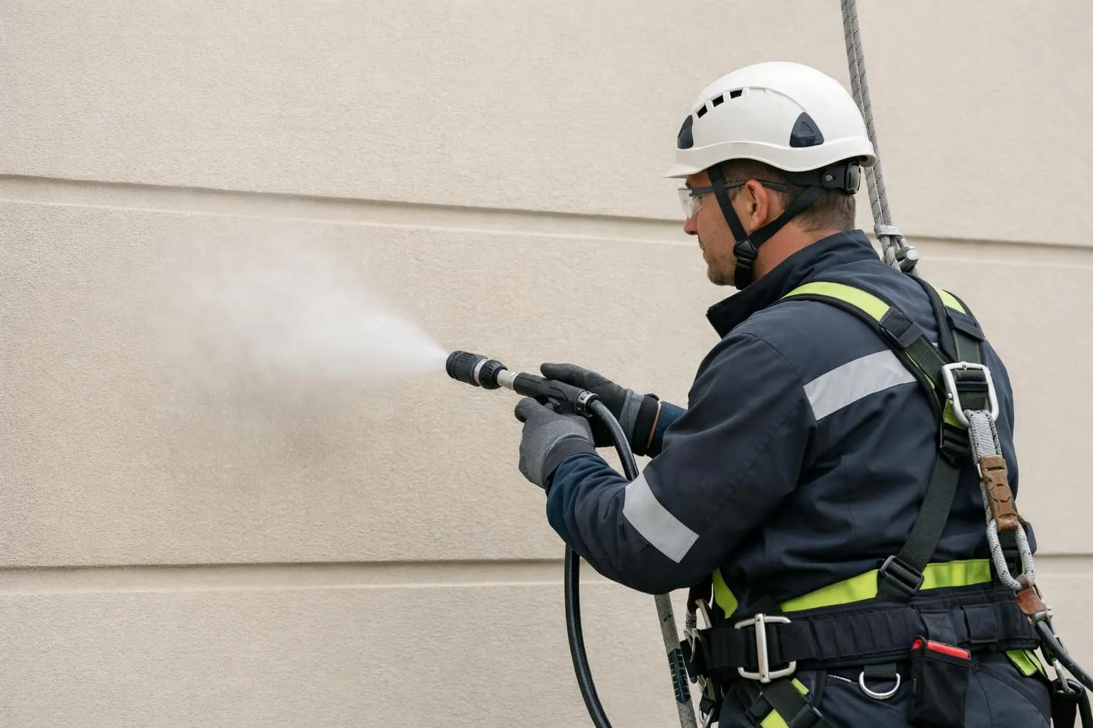 Professional facade cleaner using specialized low-pressure equipment with adjustable nozzle on cream-colored building wall, showing gentle water mist technique without harsh spray, worker wearing safety gear and harness, close-up of controlled cleaning method preserving surface integrity