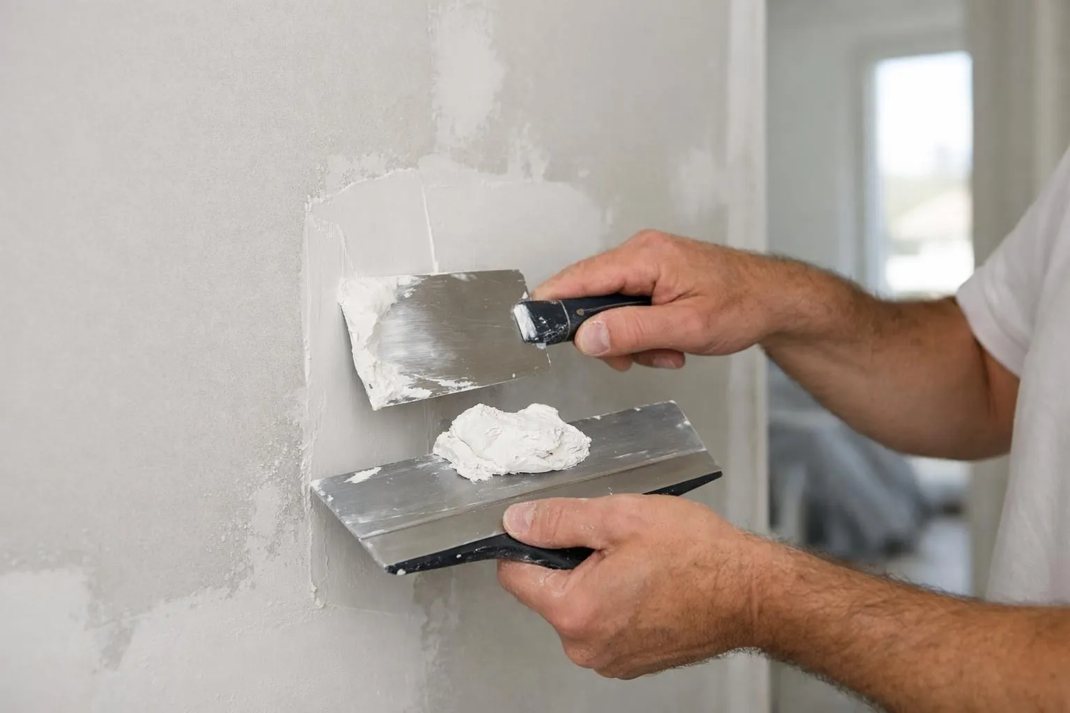 Professional painter carefully filling wall cracks and imperfections with putty knife in a residential room in Gland, Switzerland, showing detailed close-up of wall surface preparation work before painting, realistic natural lighting, construction renovation scene