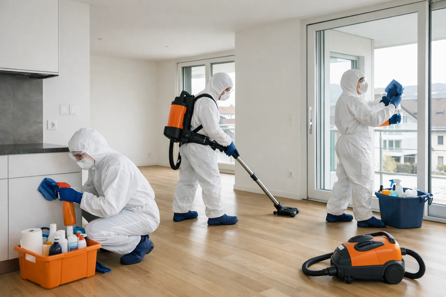 Professional cleaning team in protective equipment meticulously cleaning modern apartment interior with specialized tools and products, pristine empty rooms visible in background, Swiss residential building setting, natural daylight through windows