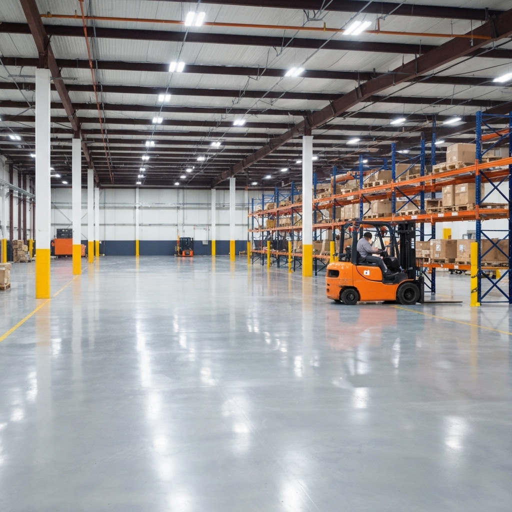 Industrial warehouse floor with forklift working, smooth grey epoxy coating reflecting overhead lights, professional setting