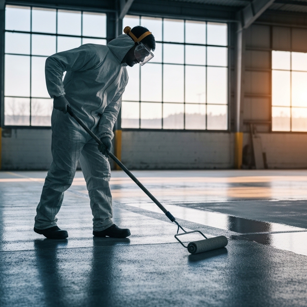 Professional worker in protective gear applying industrial floor coating with roller in warehouse setting, smooth concrete floor visible, natural lighting from large windows