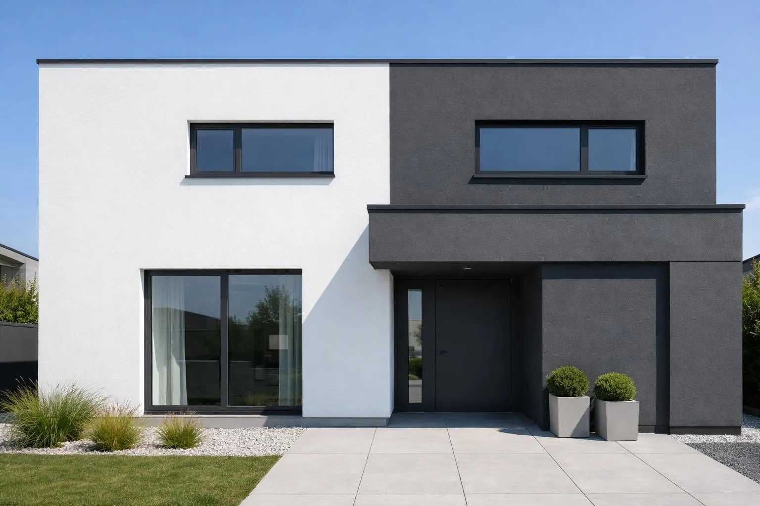 Maison moderne en blanc et gris avec grandes fenêtres.