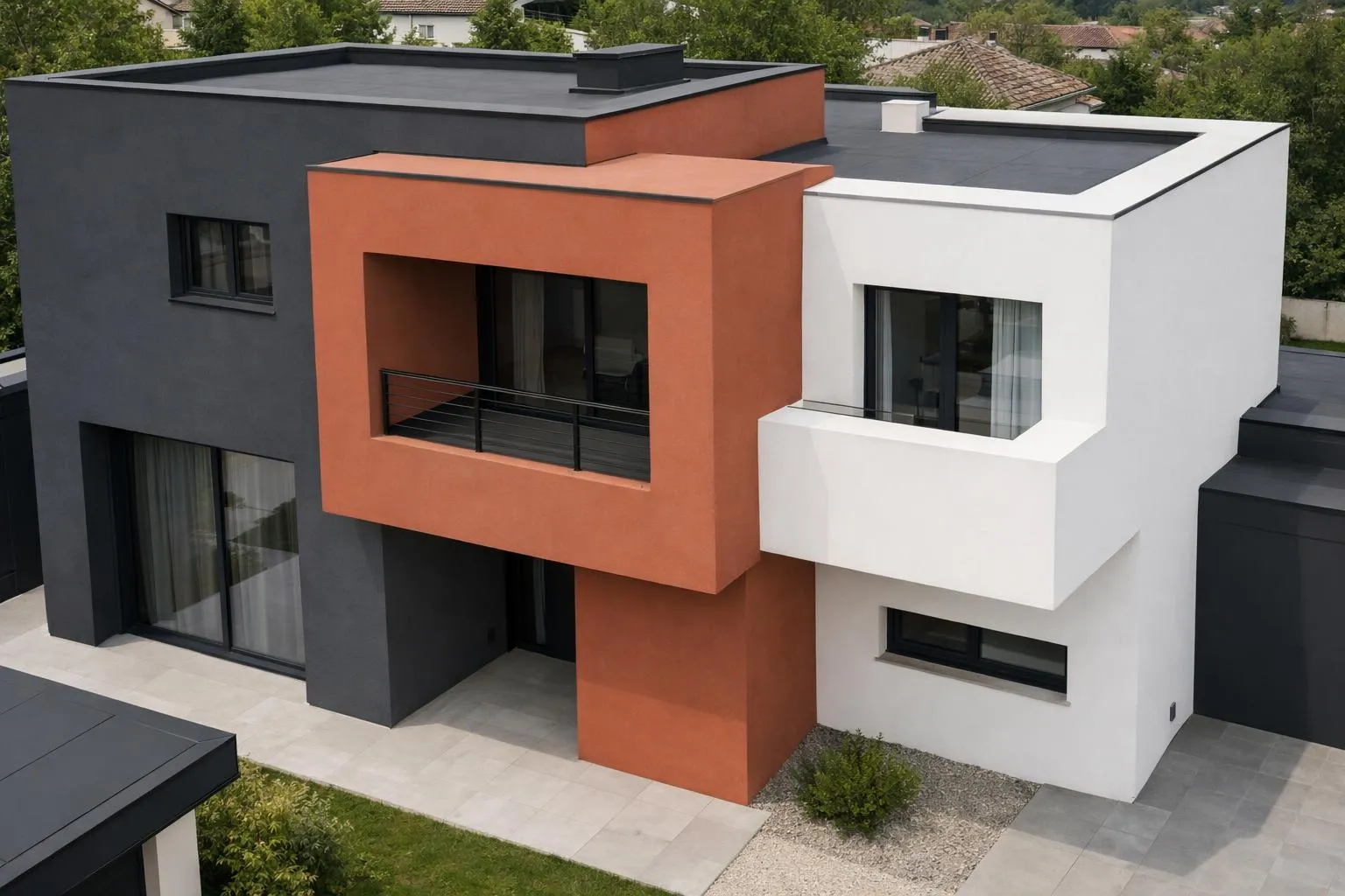 Maison moderne à l'architecture géométrique avec des façades contrastées.