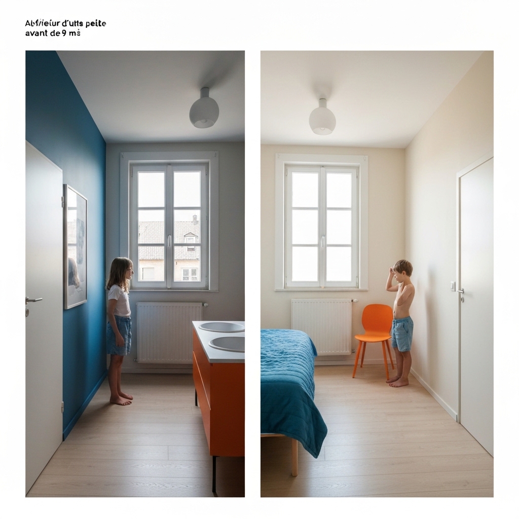 Interior of a small bedroom before and after comparison, showing the same 9 square meter space with dark walls on one side appearing cramped, and the same room with pale cream walls on the other side looking spacious and airy, natural daylight streaming through a window, realistic photography style, person standing for scale, no text or labels