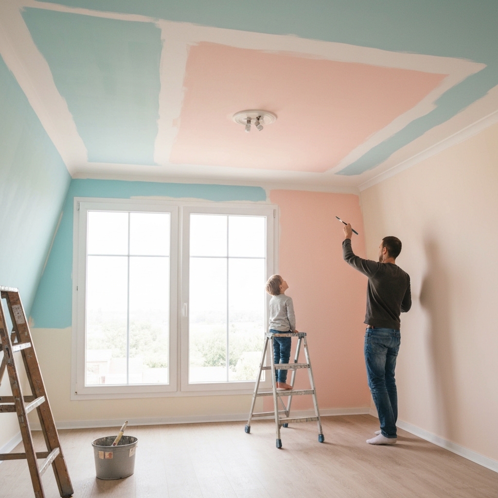 Interior painter applying light pastel paint on ceiling of compact bedroom, showing visible contrast between white walls and softly tinted ceiling, painter on ladder with roller, natural daylight streaming through window, professional renovation setting in Swiss apartment