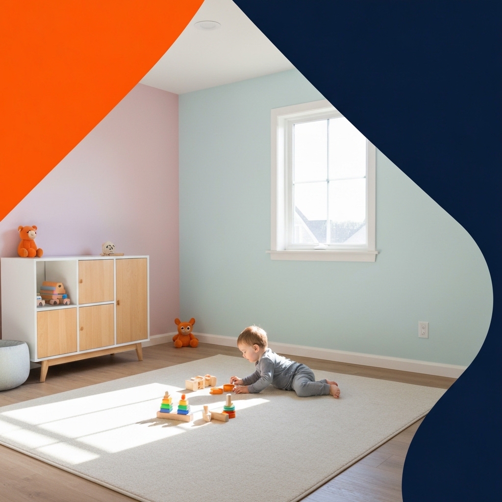 Une chambre d'enfant lumineuse et joyeuse, fraîchement peinte avec des couleurs pastel douces. Un jeune enfant joue sereinement au sol avec des jouets en bois, symbolisant un environnement sain et sécurisé.