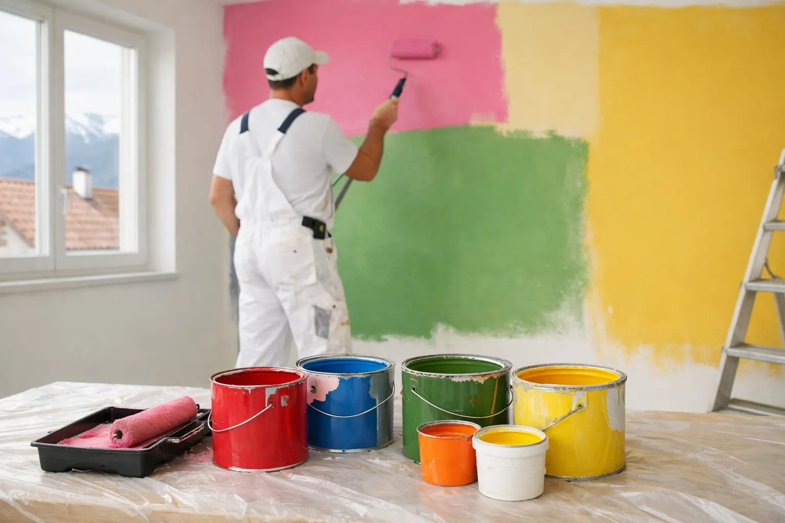Peintre en bâtiment appliquant de la peinture murale colorée.