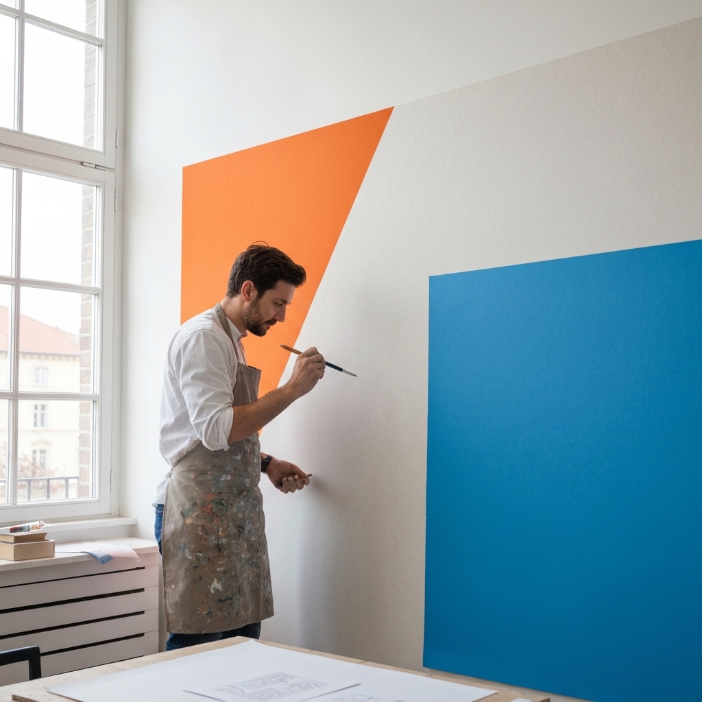Professional craftsman smoothing modern textured wallpaper on living room wall with spatula tool, natural daylight through window