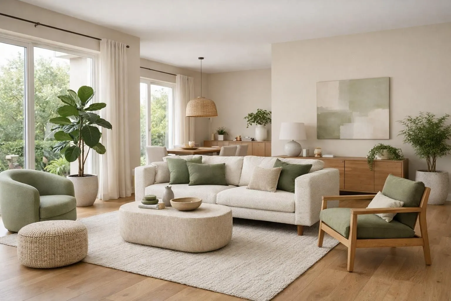 Contemporary Swiss living room with soft natural paint colors from 2026 trends, featuring warm beige walls, sage green accents, and large windows bringing natural light, modern furniture with organic textures, wooden flooring, plants in ceramic pots, serene atmosphere showcasing renovation with calming palette