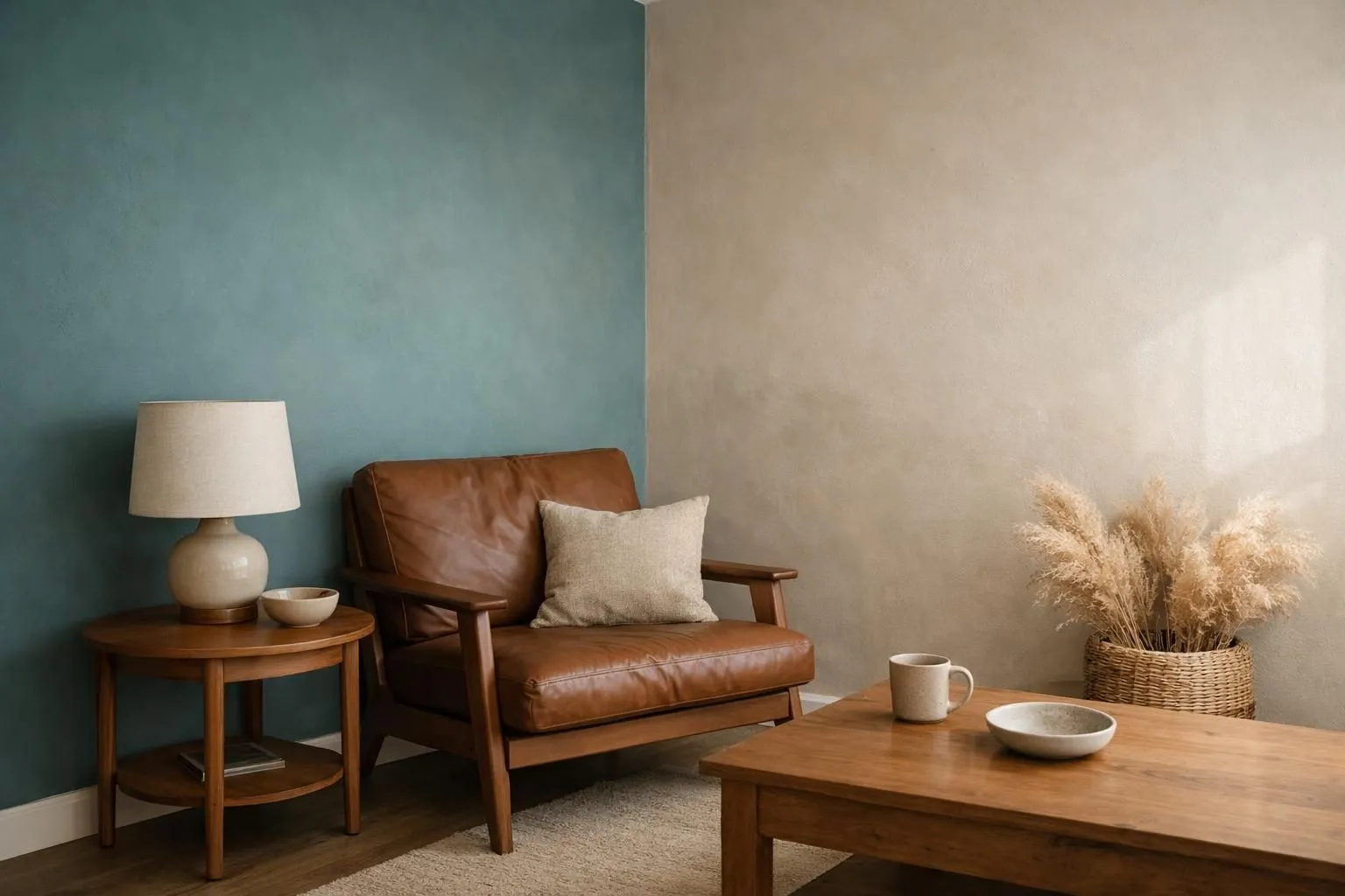 Interior room corner showcasing 2026 trending paint colors with teal accent wall, sophisticated brown furniture against warm beige walls, natural lighting highlighting the rich color palette on plaster surfaces