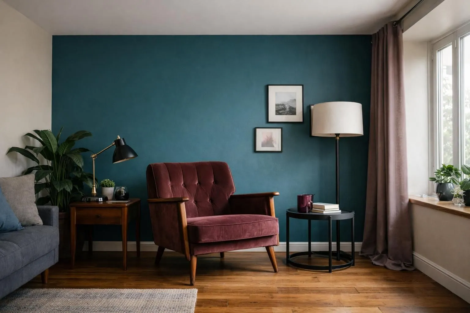 Interior corner showing modern teal accent wall behind vintage armchair with neutral beige surrounding walls and wooden floor, natural daylight, residential setting