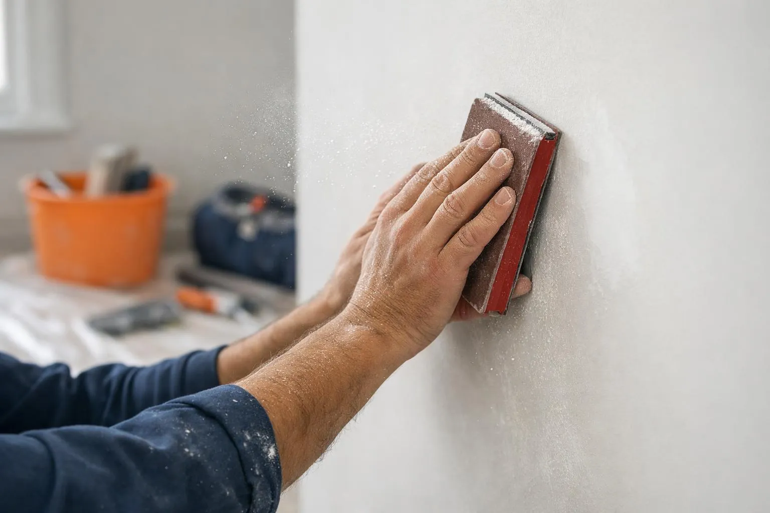 Mains ponçant un mur avec un bloc de ponçage.