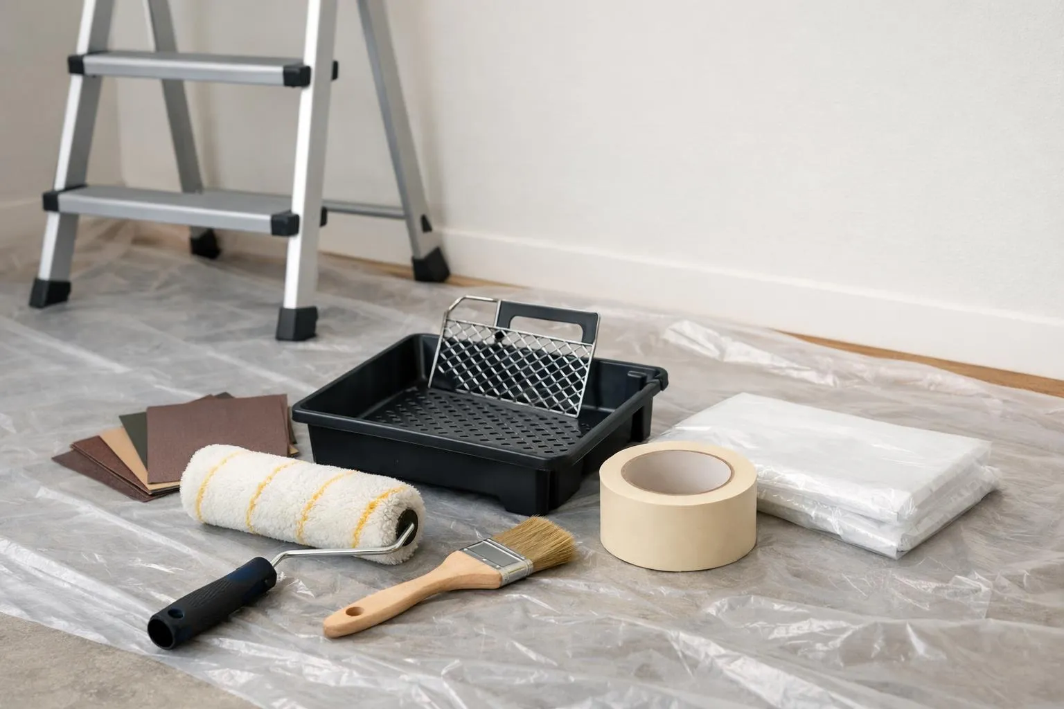 Outils et matériaux de peinture et de rénovation sur un sol en béton.