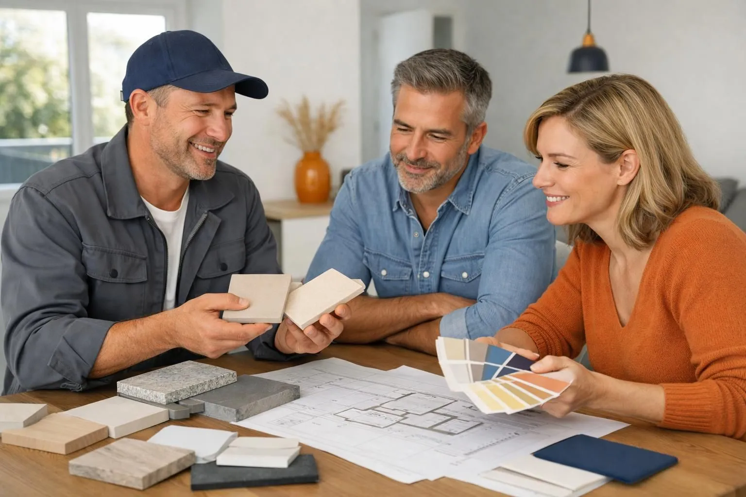 Professional general contractor discussing renovation plans with homeowners around a table covered with blueprints and material samples in a bright Vaud residence, showing plaster samples and paint color charts