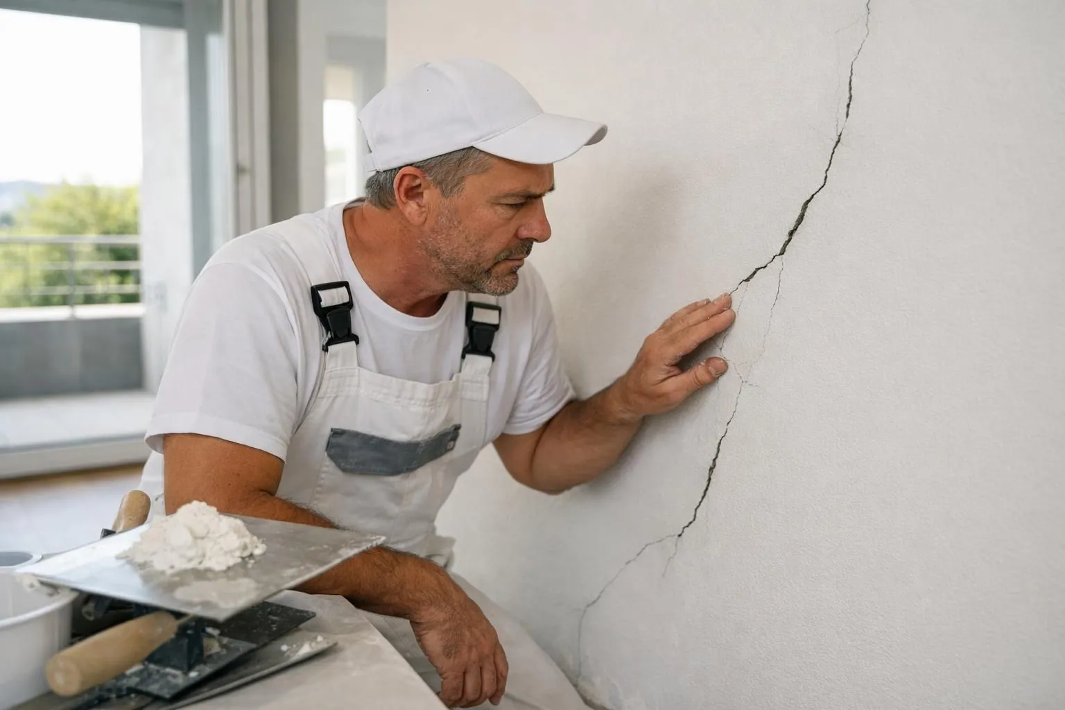Artisan plâtrier professionnel inspectant minutieusement un mur intérieur endommagé avec fissures dans une maison vaudoise contemporaine, lumière naturelle par fenêtre, outils de plâtrerie visibles, atmosphère de rénovation professionnelle