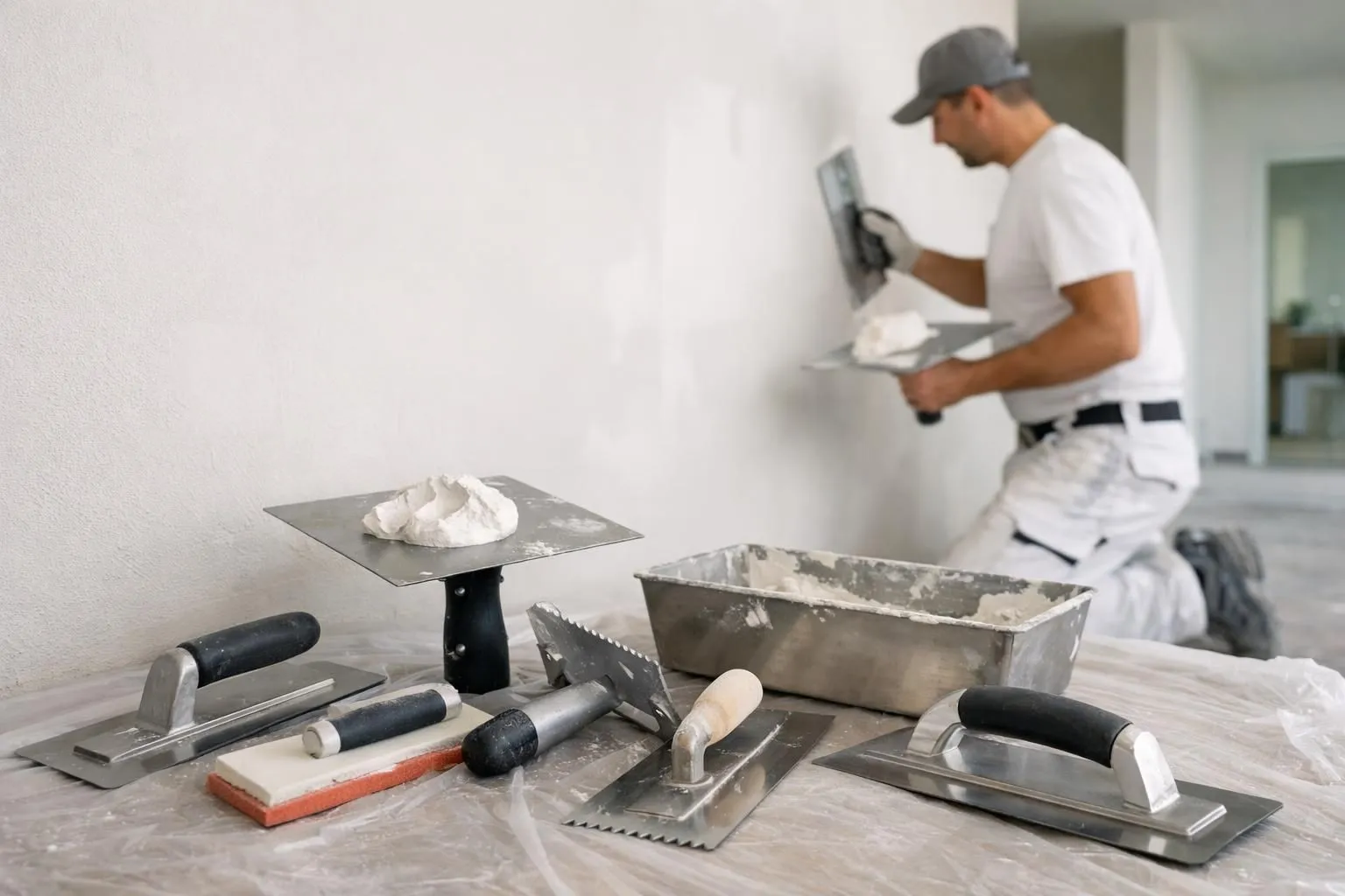 Professional plasterer working on wall renovation in a modern Swiss apartment, showing various plastering tools, trowels, finishing equipment and materials organized on a clean worksite with freshly applied plaster surfaces visible
