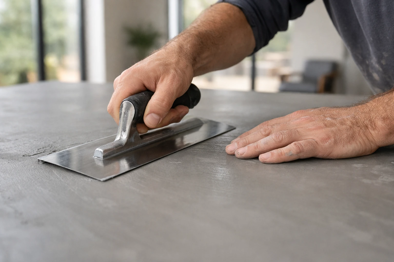 Artisan professionnel appliquant du béton ciré avec une taloche sur un sol moderne en Suisse, détails du geste technique et de la surface lisse en cours de finition, intérieur contemporain avec grandes fenêtres