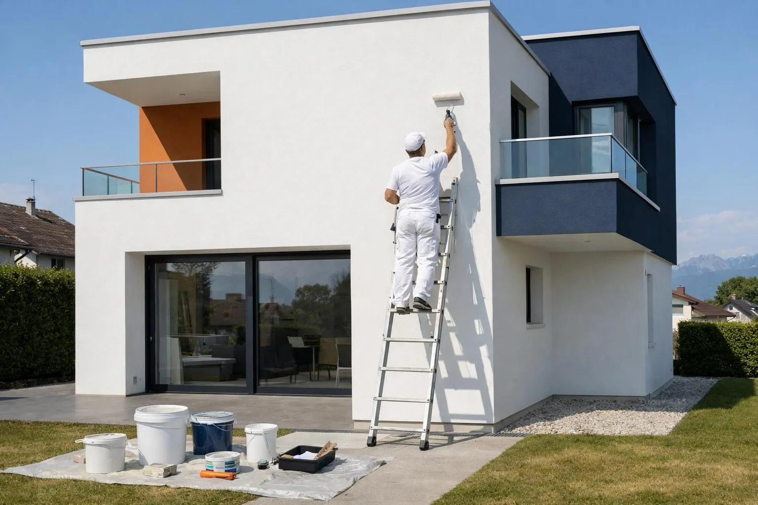 Professional painter on ladder painting exterior wall of modern Swiss villa with white facade, paint buckets and tools on ground, sunny day in Gland residential area, no text or labels visible
