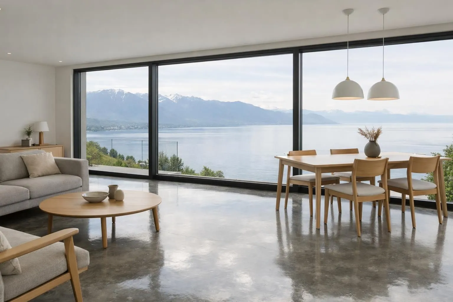 Intérieur résidentiel suisse moderne avec un sol en béton poli sans joint aux tons gris chauds, un mobilier scandinave minimaliste, de grandes fenêtres panoramiques donnant sur le lac Léman, une lumière naturelle créant des reflets subtils sur la surface lisse du béton, un espace
