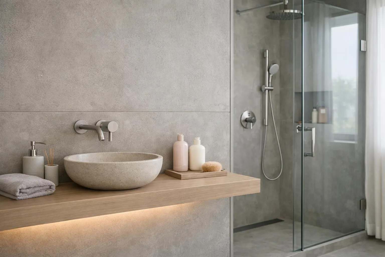 Intérieur de salle de bain minimaliste moderne aux murs et sol en béton poli dans des tons de gris chauds, douche à l'italienne avec paroi en verre, meuble vasque suspendu, éclairage LED indirect sous les meubles, ambiance spa avec lignes épurées.
