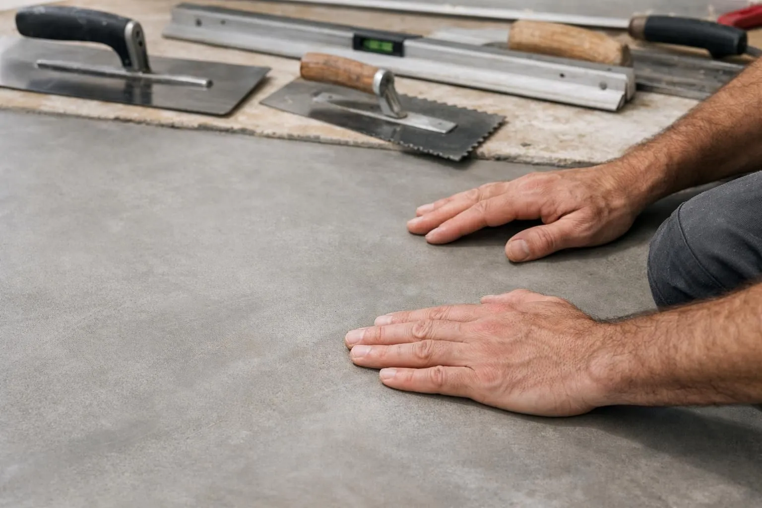Artisan inspectant les imperfections de la surface de béton avec des outils de nivellement professionnels avant l'application de béton poli, gros plan des mains testant la qualité du substrat dans le cadre de la rénovation à Gland.