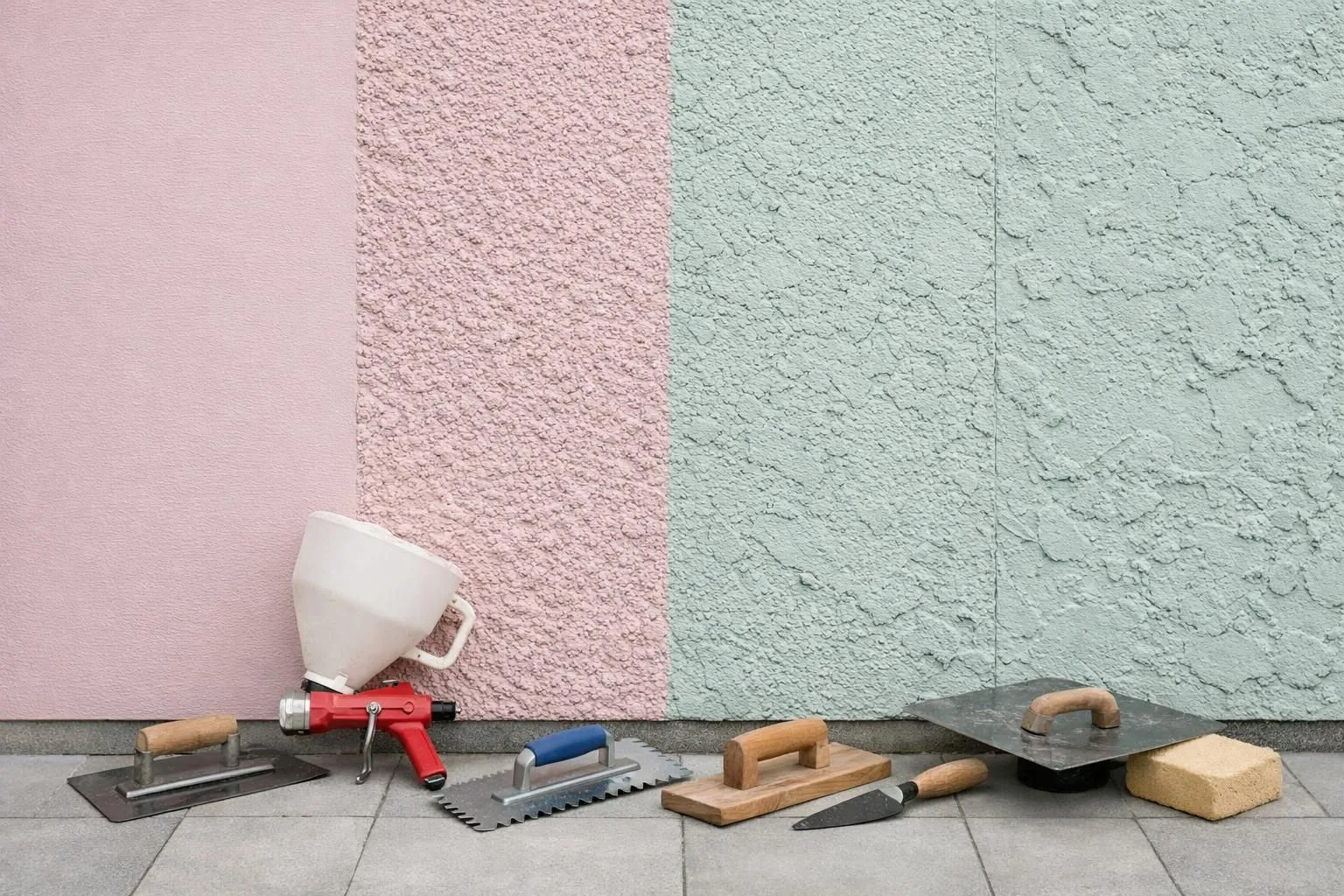 Quatre sections murales côte à côte montrant différentes finitions de plâtre - lisse taloché, projeté rugueux, gratté rayé et textures écrasées sur un mur extérieur avec des outils d'artisan visibles