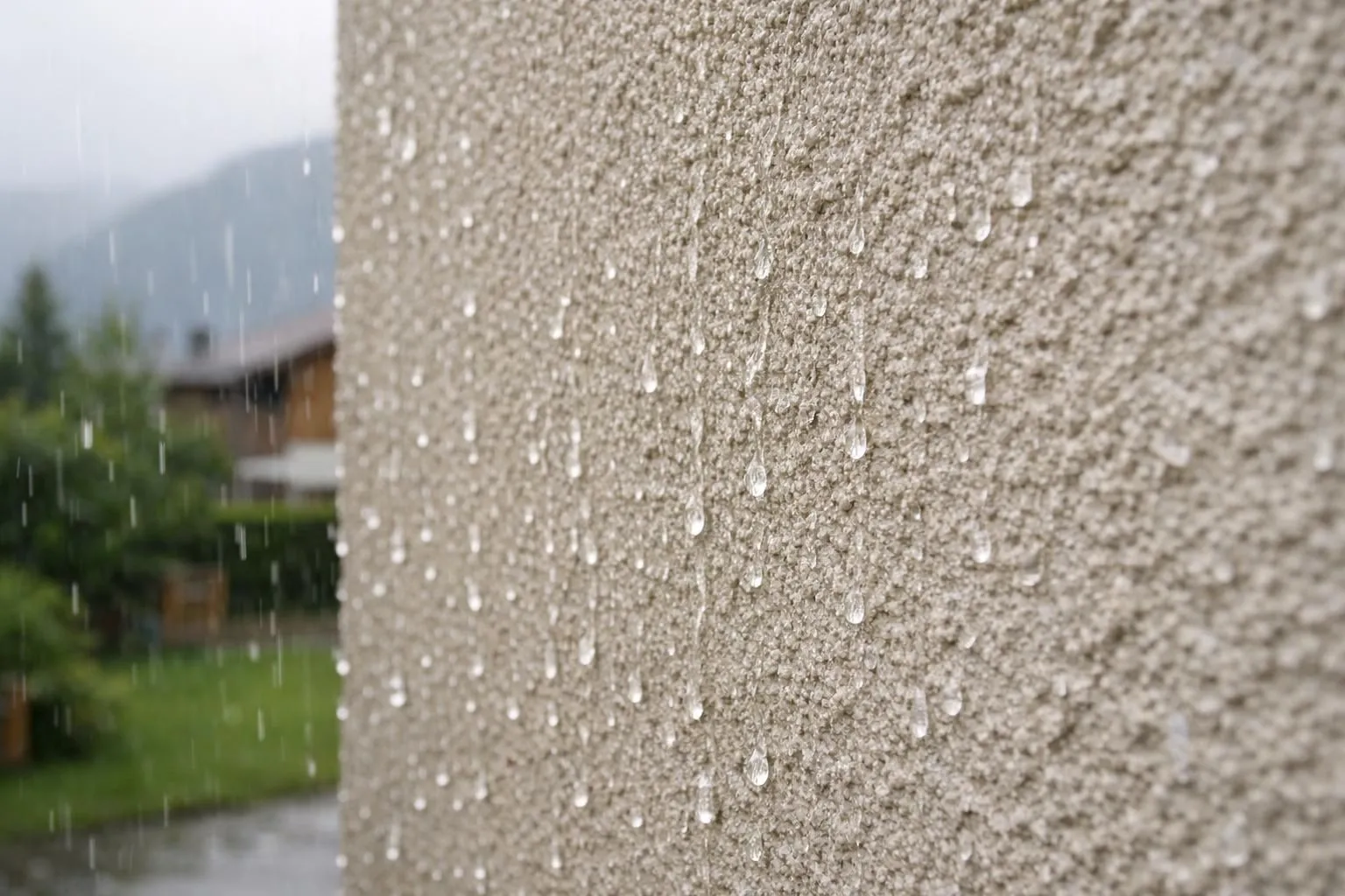 Un mur extérieur enduit de crépi texturé avec des gouttes d'eau qui perlent et glissent pendant la pluie, démontrant la barrière protectrice contre l'humidité, en Suisse.