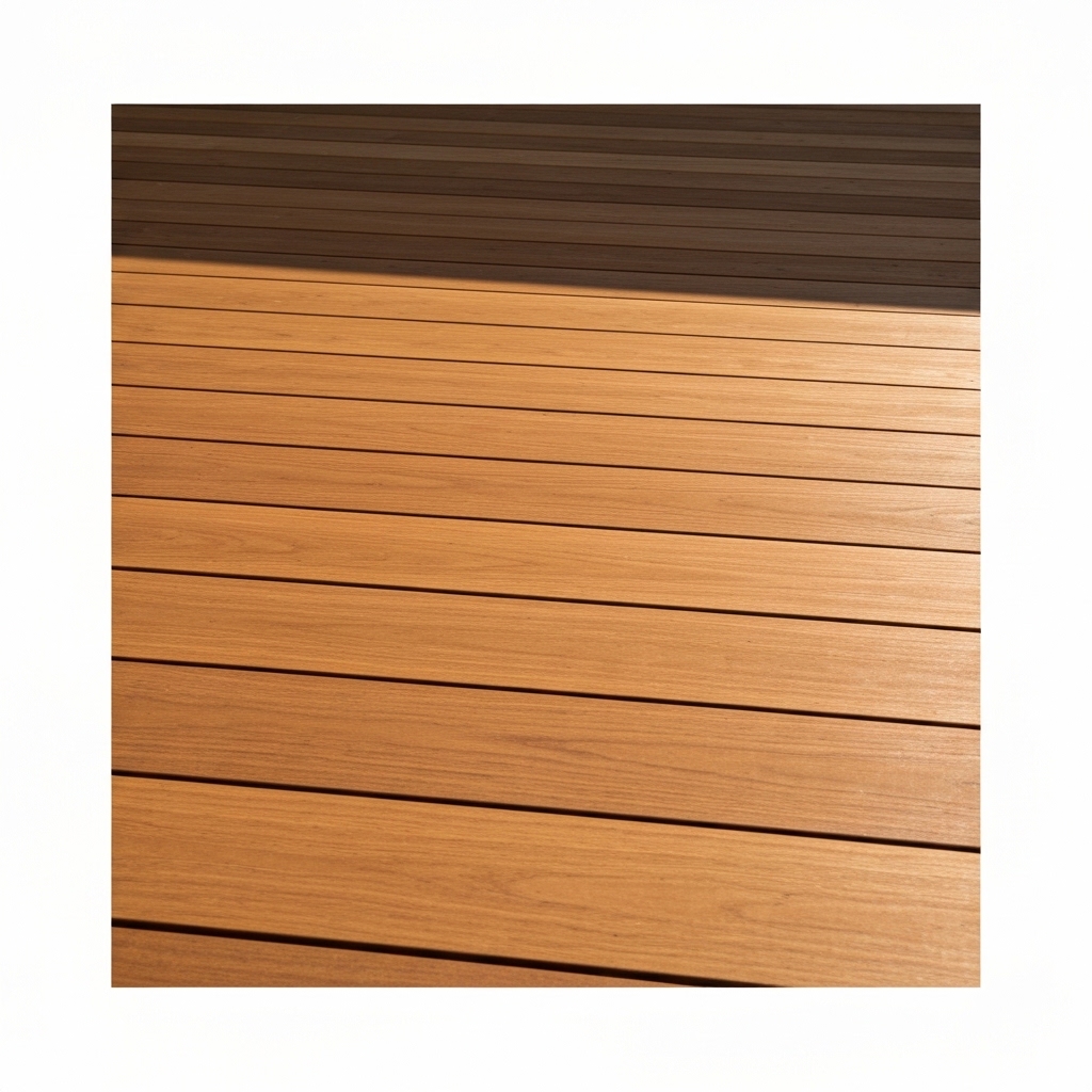 Terrasse en bois moderne protégée par un vernis extérieur avec protection UV, aspect durable et brillant.