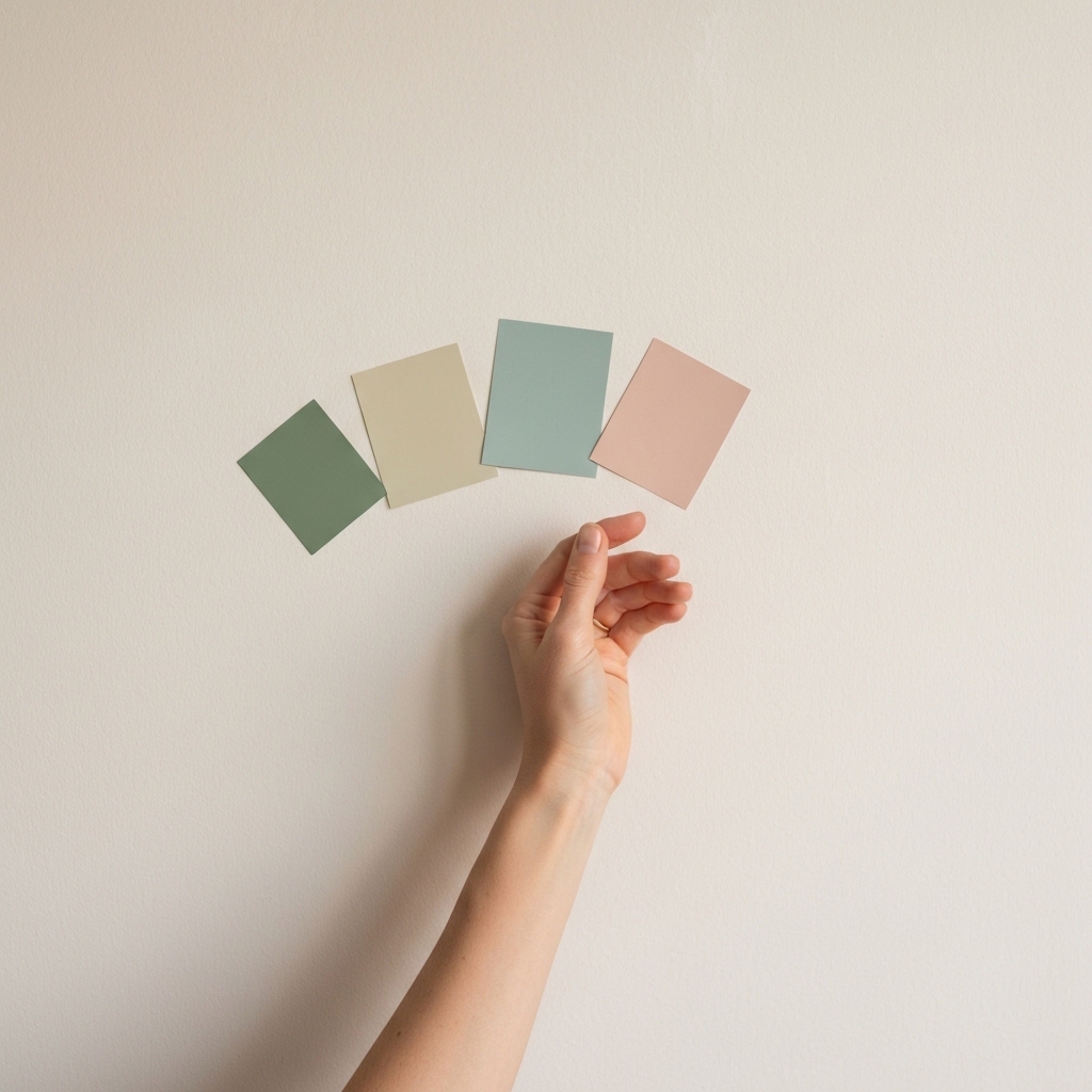 Une main féminine tenant des nuanciers modernes, symbolisant le choix couleurs tendance peinture 2024 pour un intérieur éléga