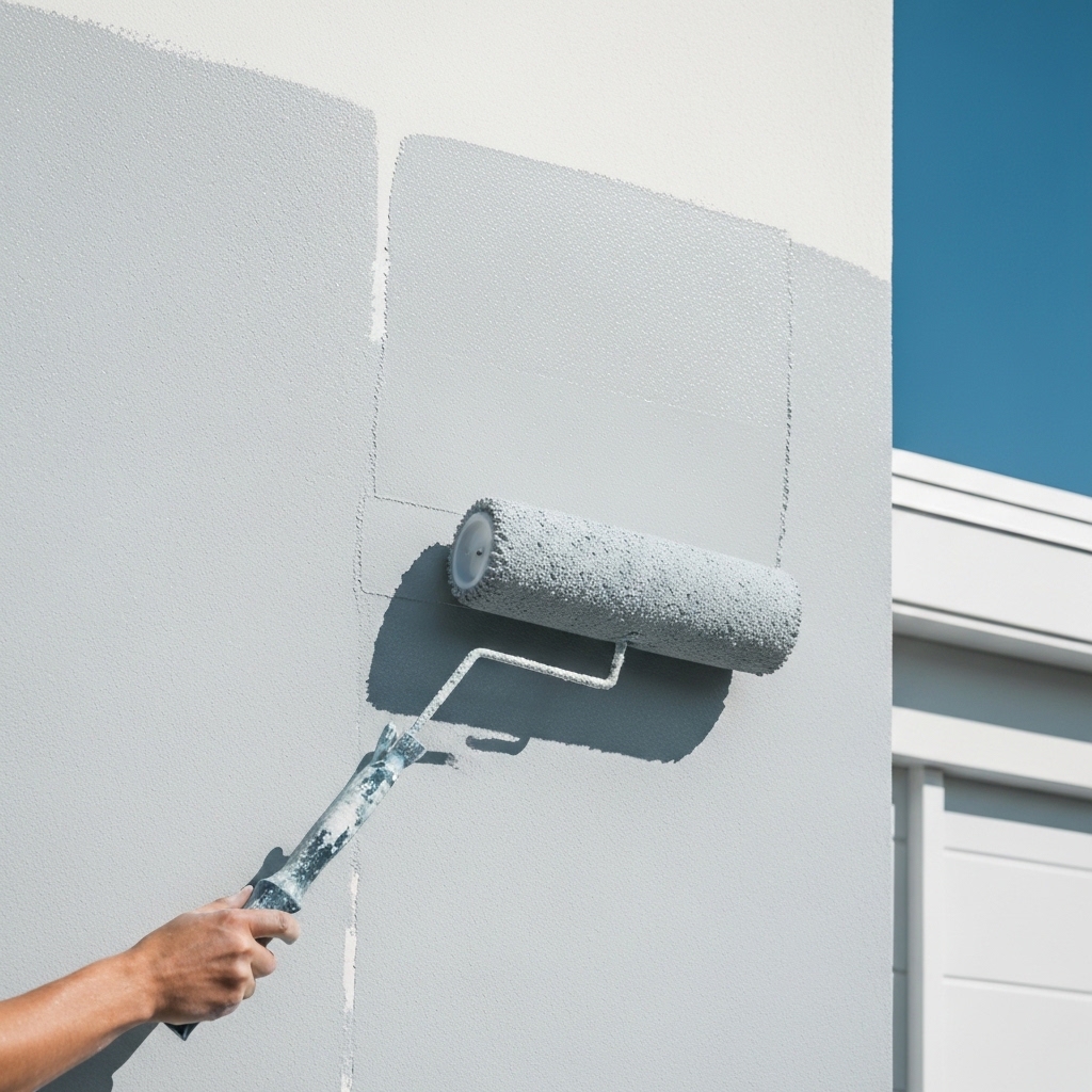 Professional painter applies light grey single-coat paint to a modern facade. Relevant for avis peinture façade monocouche re