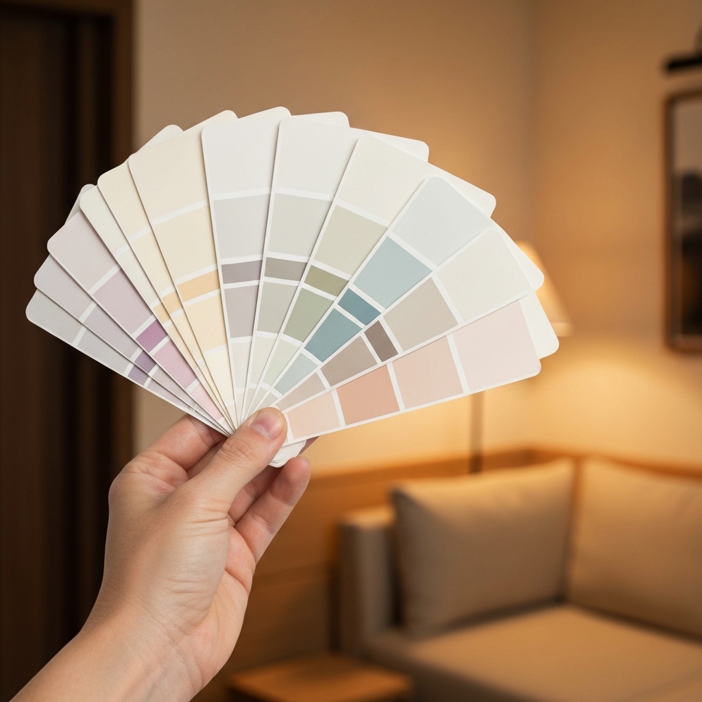 Choix couleur peinture pour petite pièce: une main sélectionne des échantillons de peinture claire dans une pièce lumineuse.