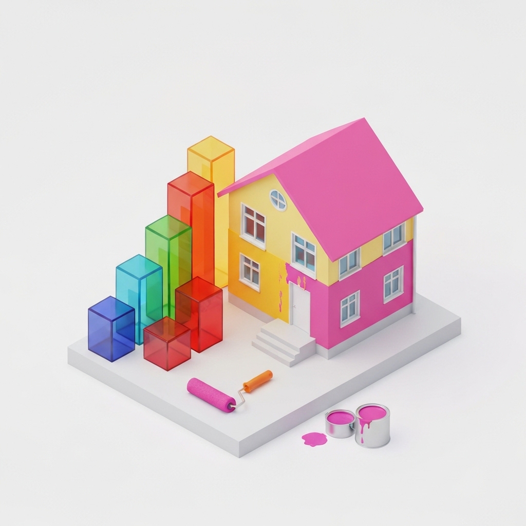 Durée de vie peinture extérieure maison: illustration isométrique d'une maison moderne avec des blocs colorés.