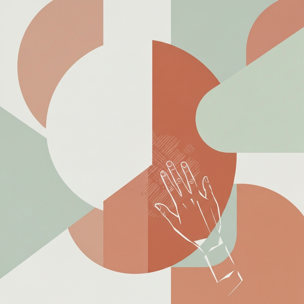 Peinture à la chaux avantages: formes géométriques abstraites, couleurs naturelles, main caressant un mur texturé et pur.