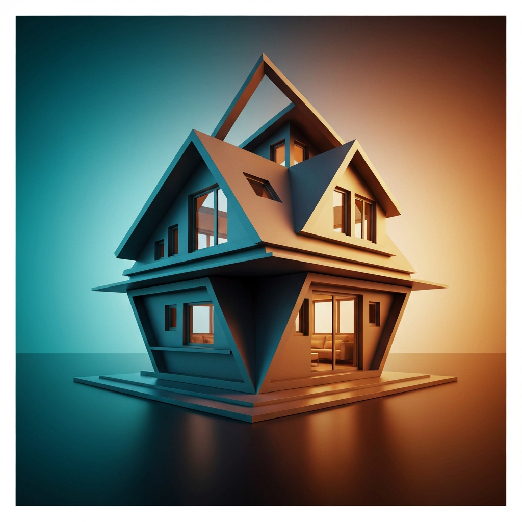 Maison stylisée en formes géométriques illustrant l'isolation thermique par l'intérieur ou l'extérieur pour 2026.