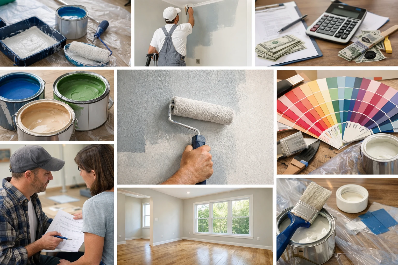 Collage photo: prix pour peindre une pièce en Suisse. Peintre professionnel, choix couleurs, devis rénovation.