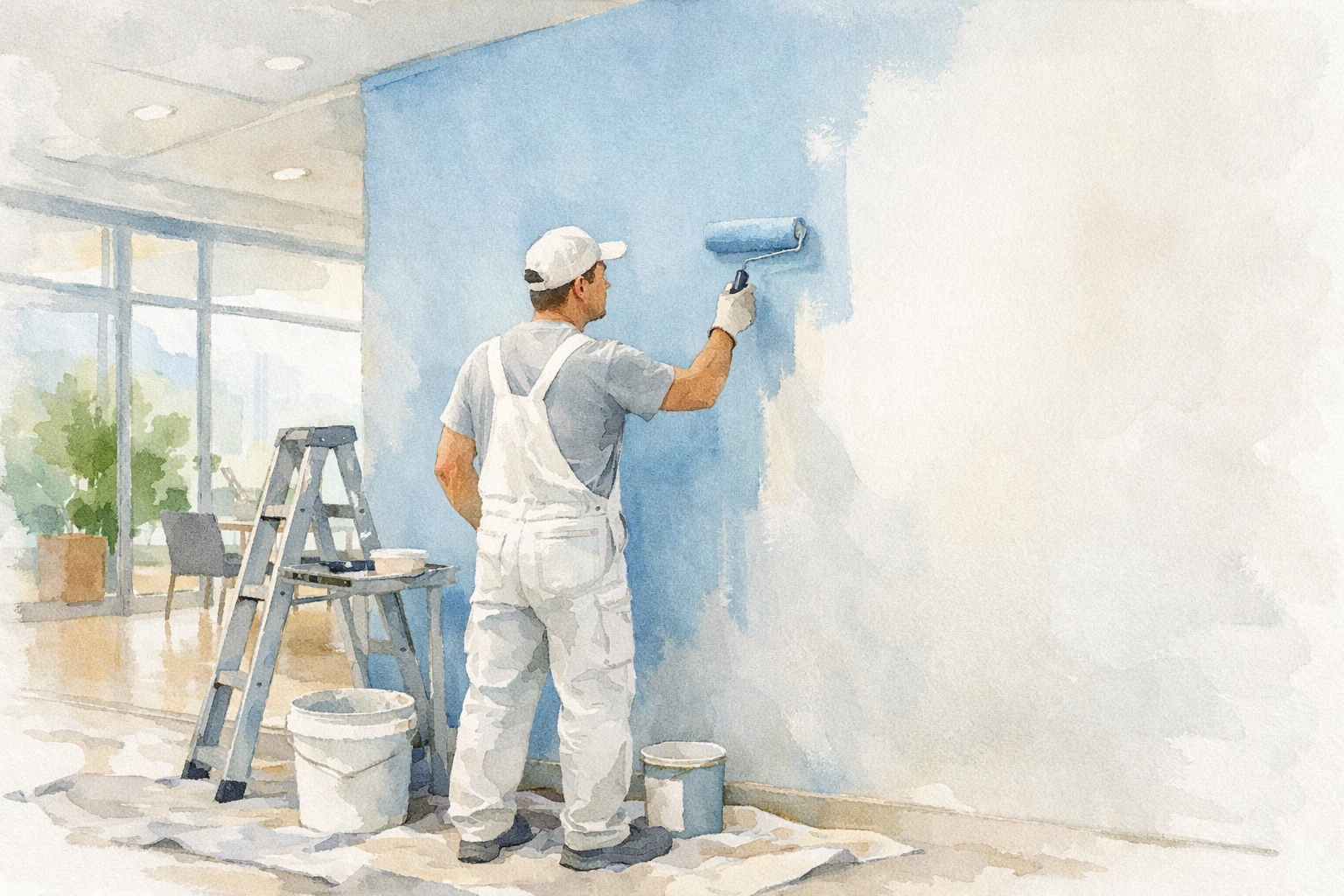 Illustration aquarelle d'un peintre commercial professionnel à Gland offrant des services de qualité. Demandez votre devis gr