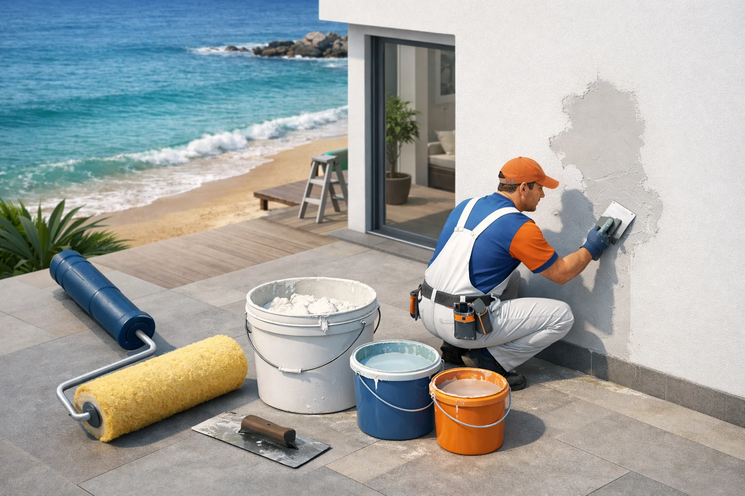 Plâtrier peintre la côte: rendu 3D isométrique d'un artisan rénovant une villa moderne près de la mer.