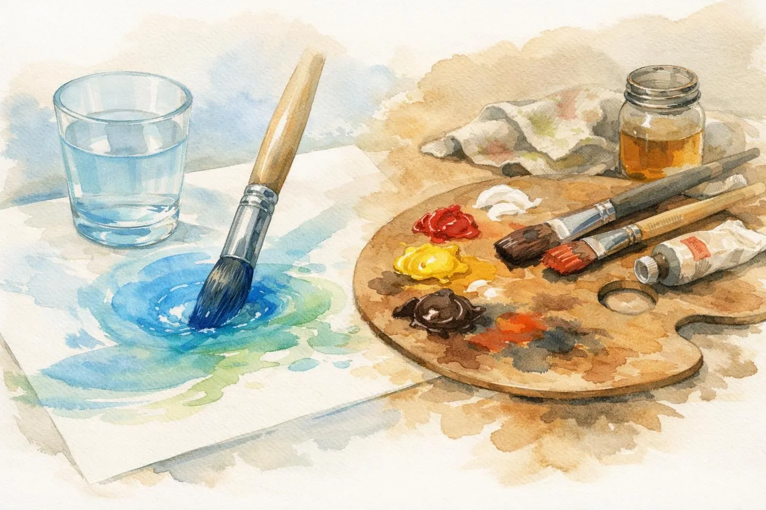 Avantages peinture à l'eau par rapport peinture à l'huile: illustration aquarelle d'un pinceau vibrant et d'un nettoyage faci