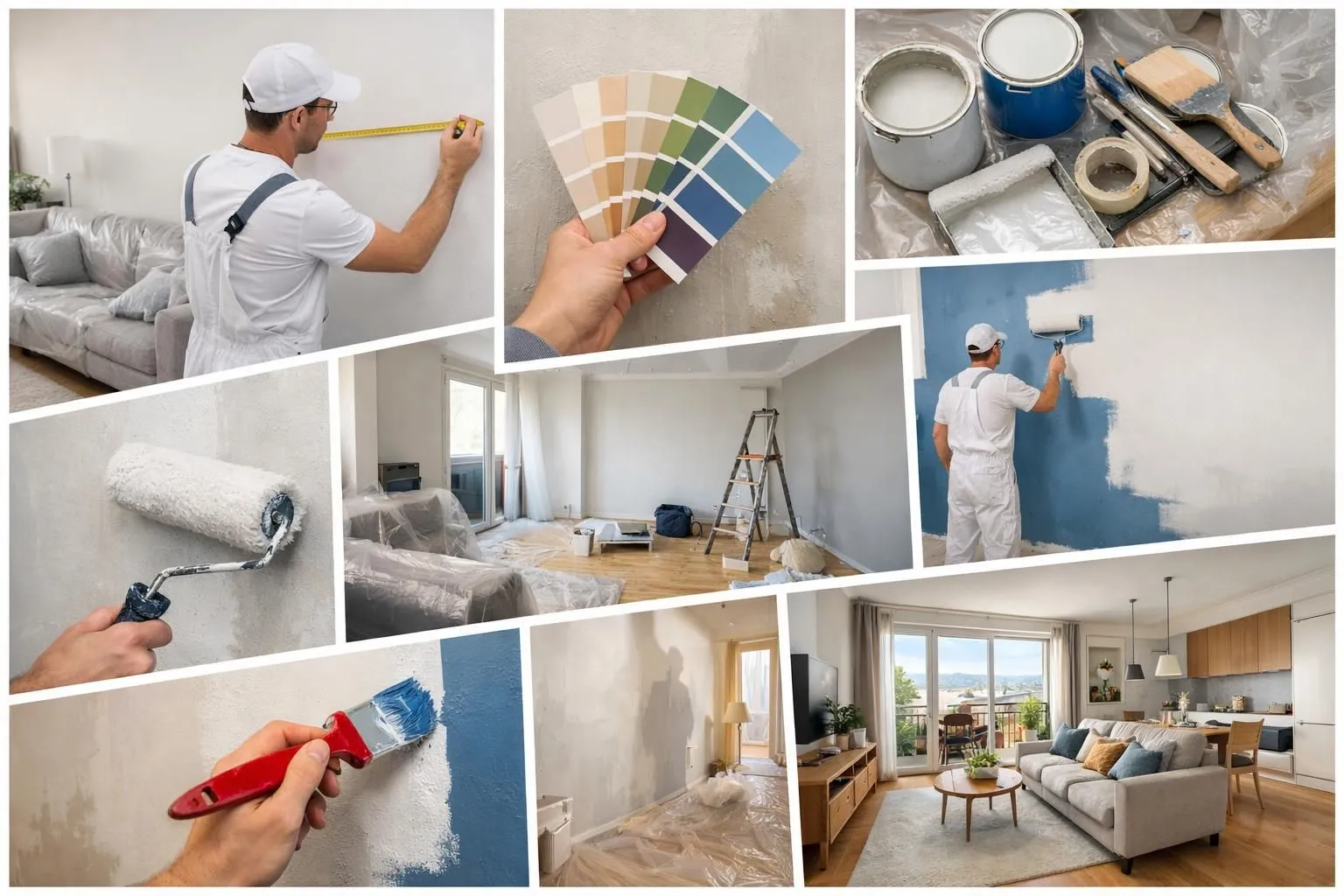Collage d'images du processus de devis peinture appartement Lausanne, de l'estimation aux murs fraîchement peints en 2026.