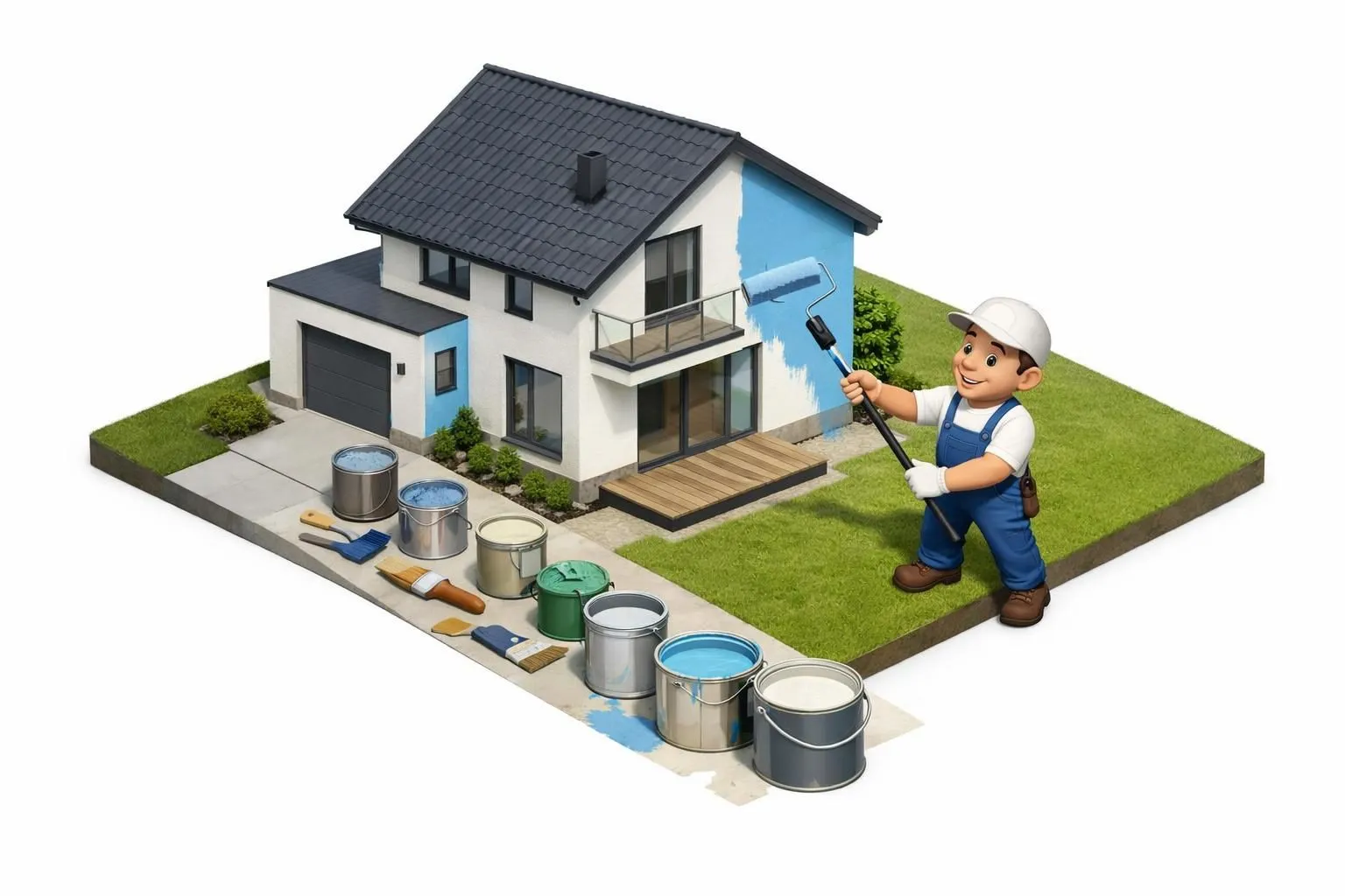 Peinture pour maisons individuelles Gland: une maison moderne aux couleurs vives, avec un peintre appliquant une finition imp