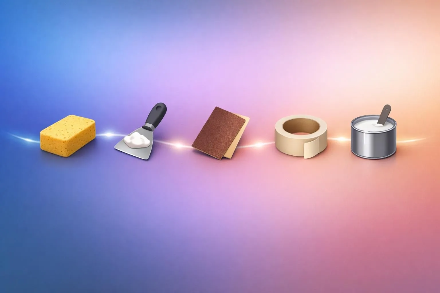 Icônes flottantes modernes sur fond dégradé, illustrant les 5 étapes pour préparer murs avant peinture.