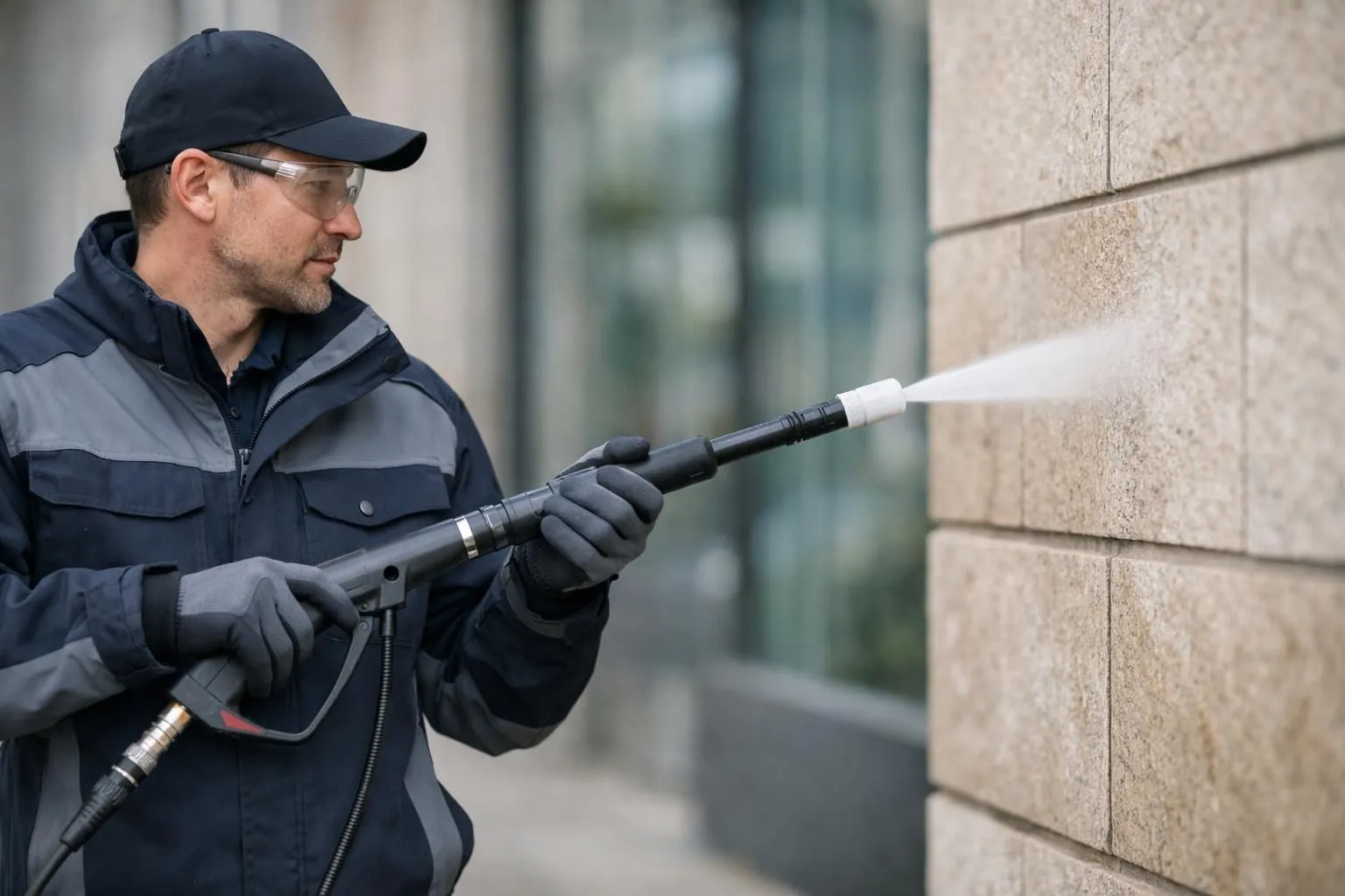 Technicien professionnel nettoyant une façade avec un équipement spécialisé. Expert en lavage de facades à Gland.