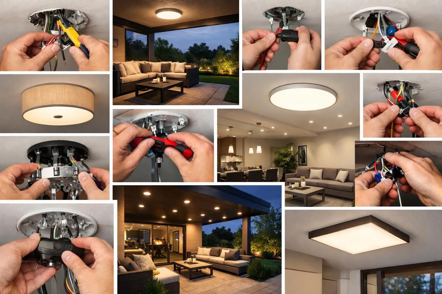 Installation plafonnier intérieur extérieur: collage photos d'outils, mains et luminaires dans divers décors. Guide complet.