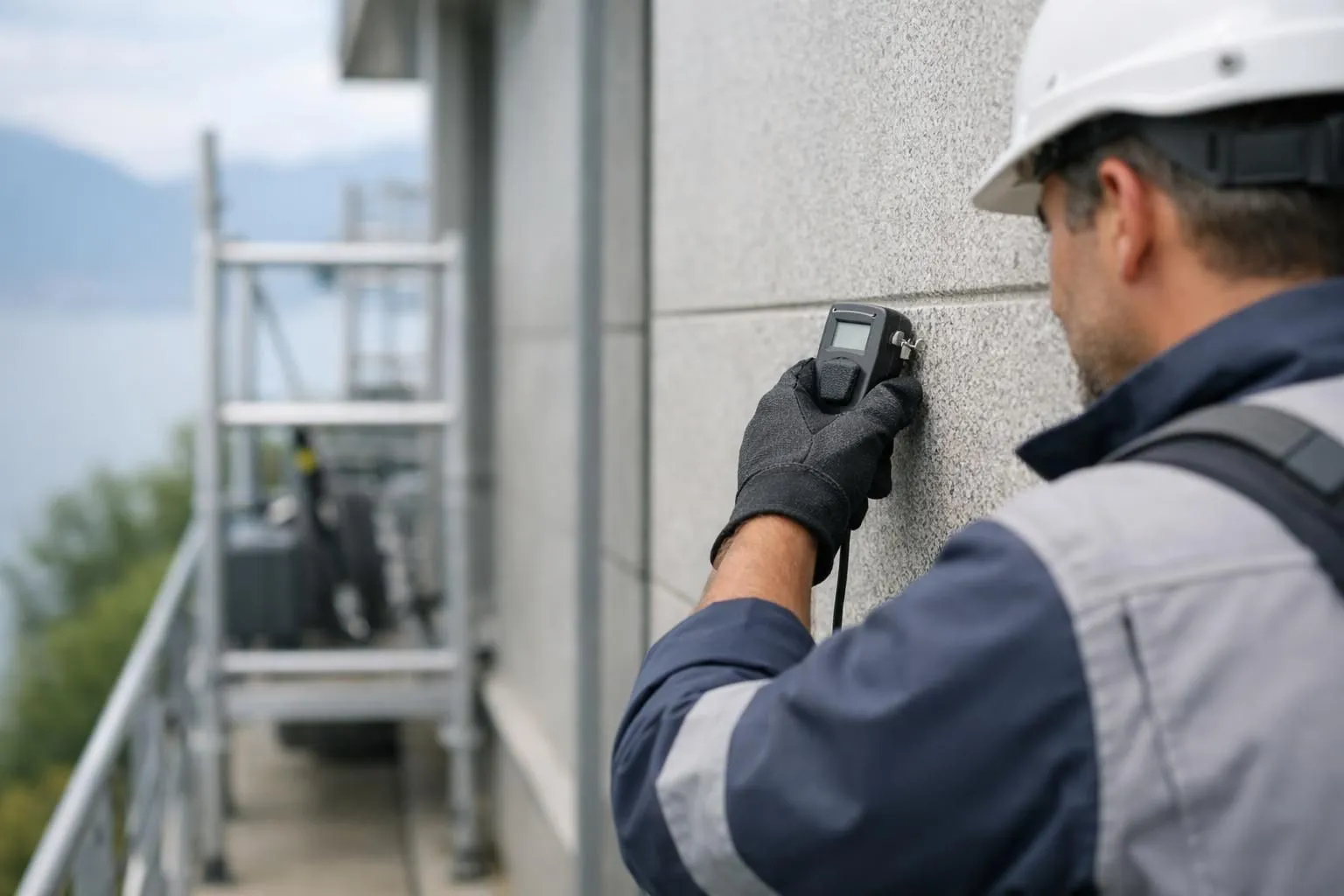 Guide 2026: entreprise lavage façade région lémanique, un expert inspecte une façade avant nettoyage.