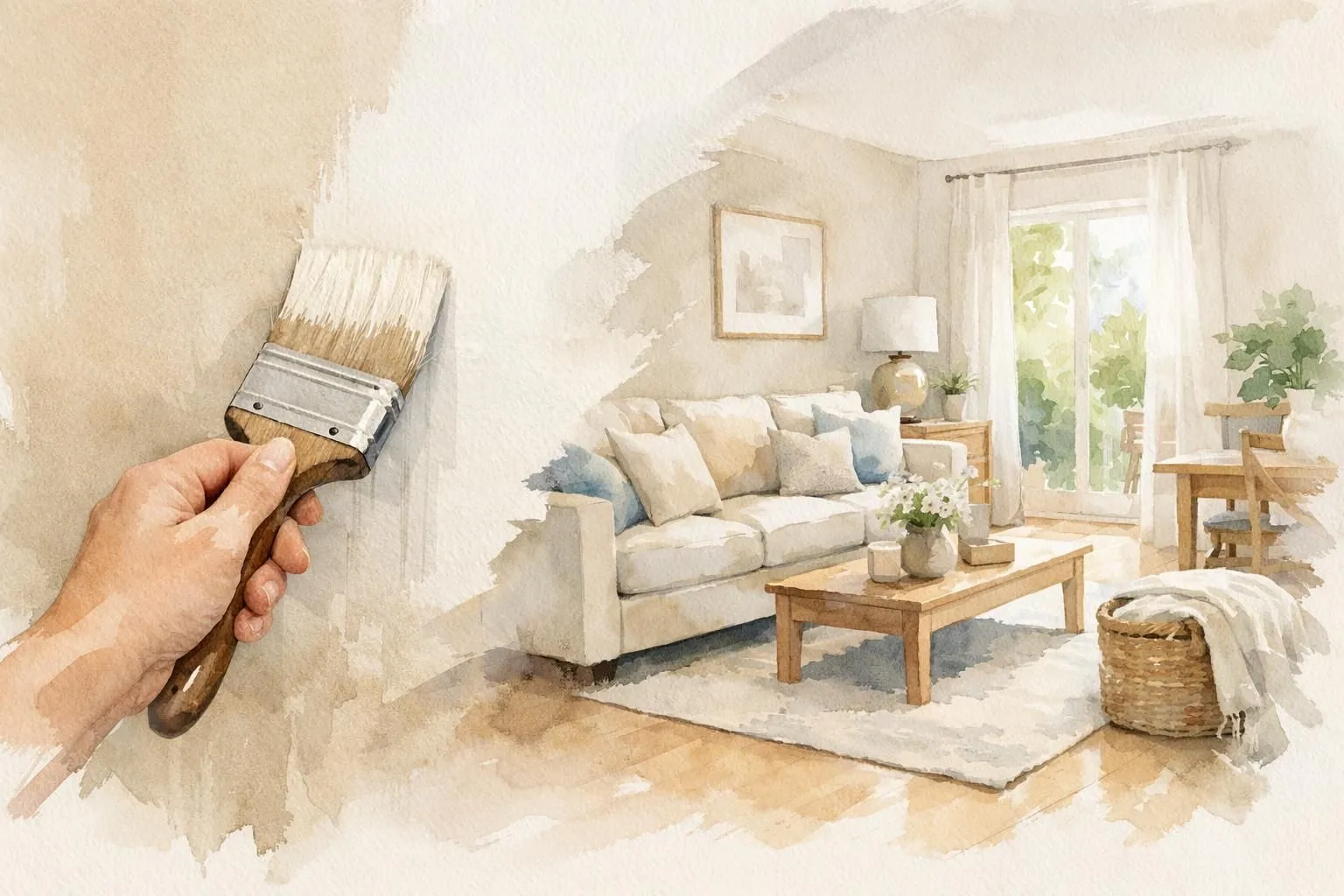 Home staging peinture: illustration aquarelle d'une main peignant un mur pour vendre sa maison plus vite.
