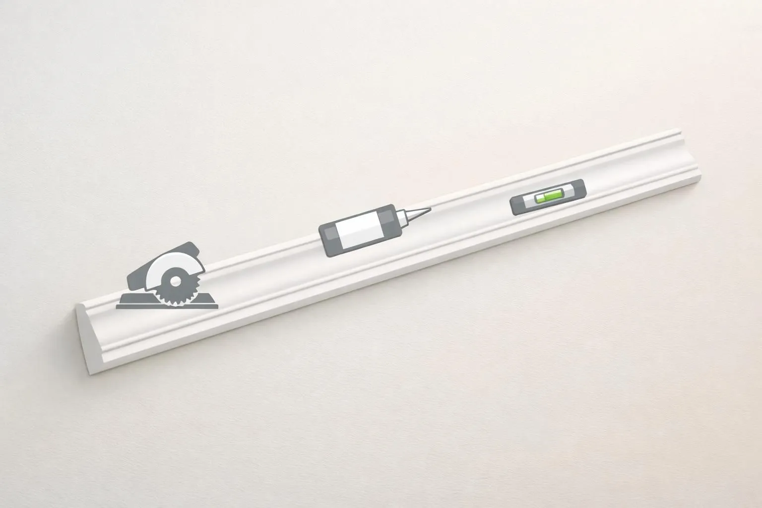 Étapes de pose de moulures sur un mur, avec scie et adhésif. Guide minimalist pour donner du cachet à une pièce.