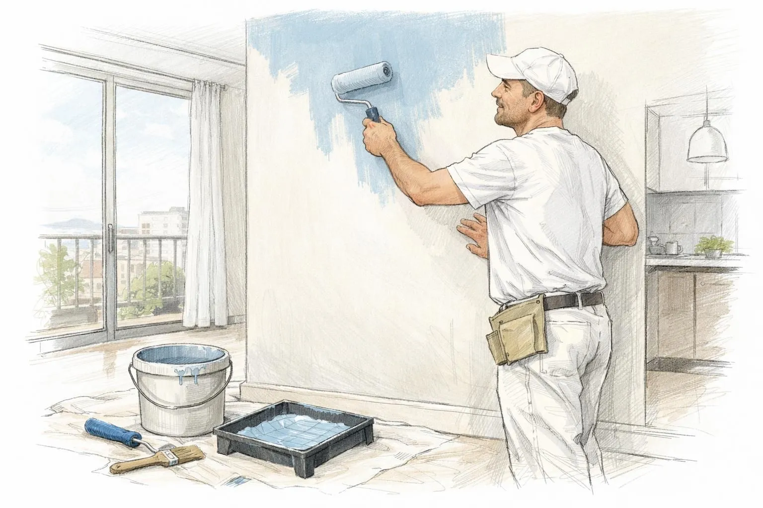 Rénovation peinture appartements Genève par un expert. Peintre souriant appliquant une couleur fraîche, travail précis et soi